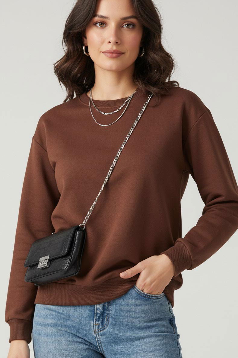 Kadın Bisiklet Yaka Oversize Sweatshirt - 27955-KAHVE - 2