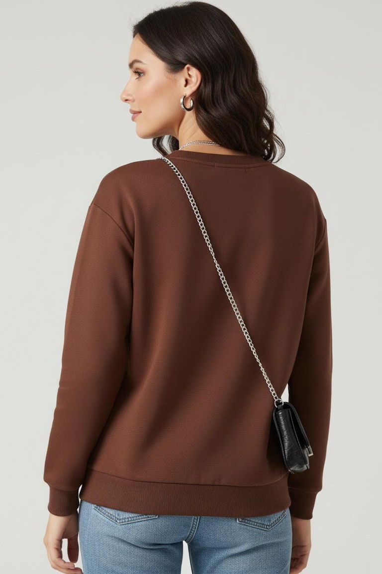 Kadın Bisiklet Yaka Oversize Sweatshirt - 27955-KAHVE - TOFİSA