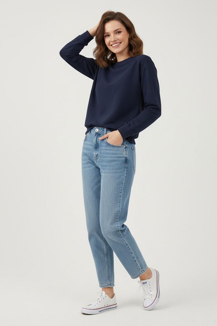 Kadın Bisiklet Yaka Oversize Sweatshirt - 27955-LACIVERT - TOFİSA