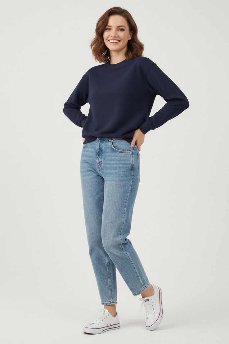 Kadın Bisiklet Yaka Oversize Sweatshirt - 27955-LACIVERT - TOFİSA