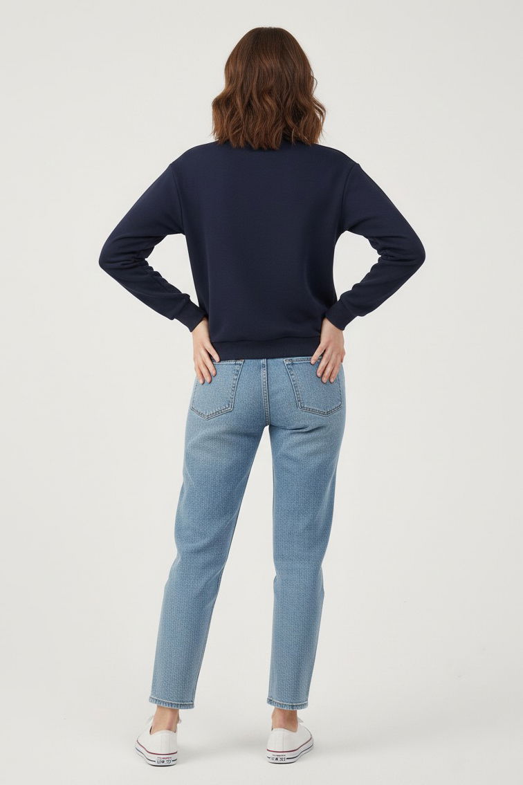 Kadın Bisiklet Yaka Oversize Sweatshirt - 27955-LACIVERT - TOFİSA