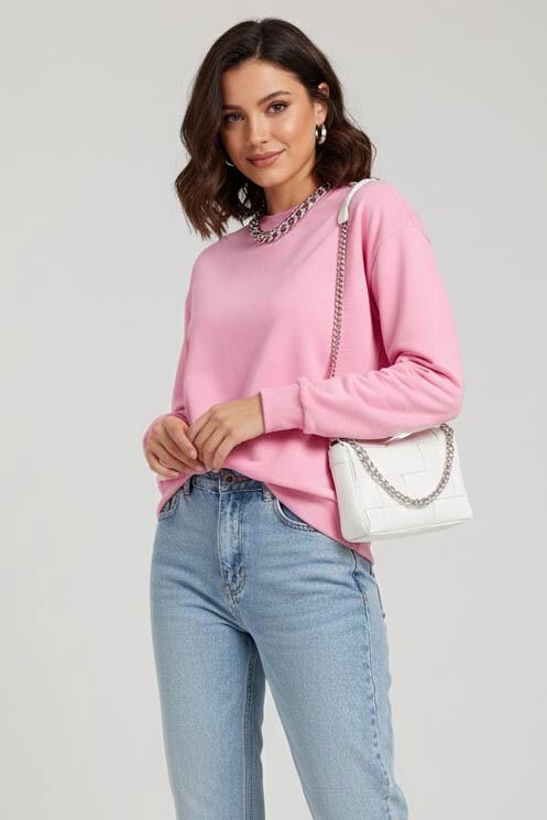 Kadın Bisiklet Yaka Oversize Sweatshirt - 27955-PEMBE - TOFİSA