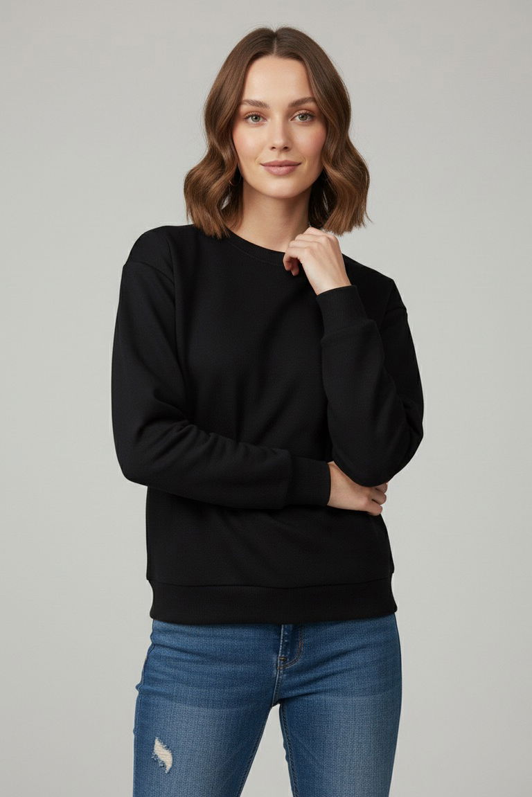 Kadın Bisiklet Yaka Oversize Sweatshirt - 27955-SIYAH - TOFİSA