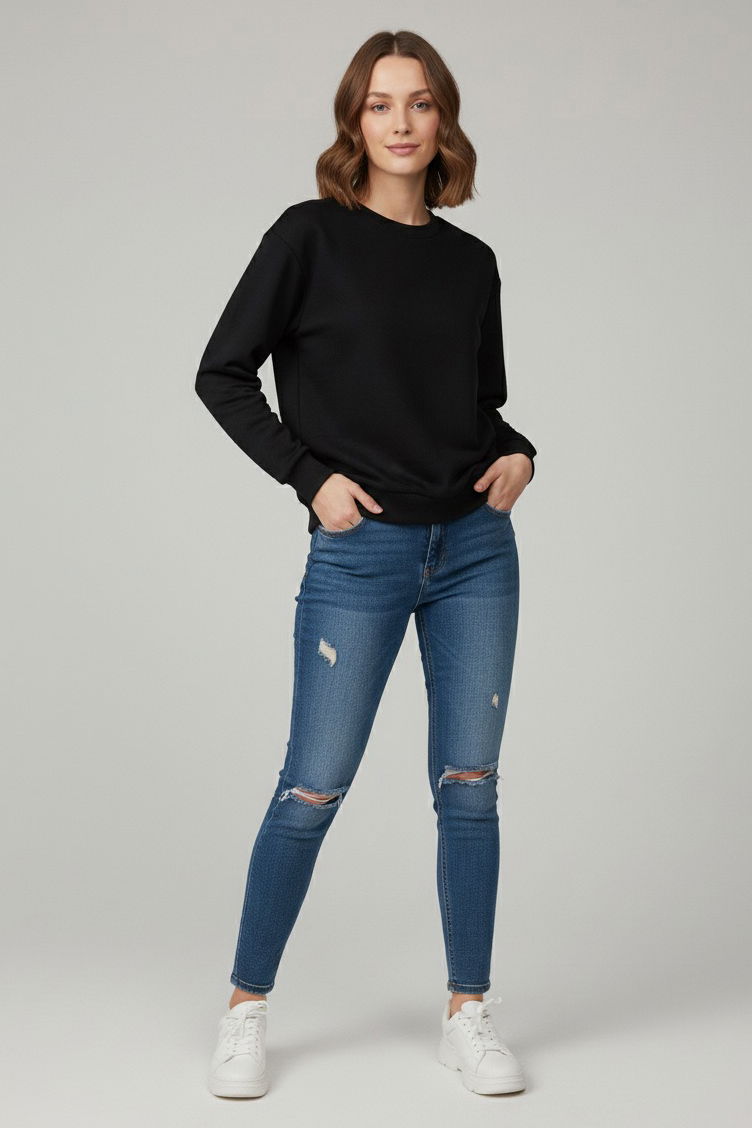 Kadın Bisiklet Yaka Oversize Sweatshirt - 27955-SIYAH - 2