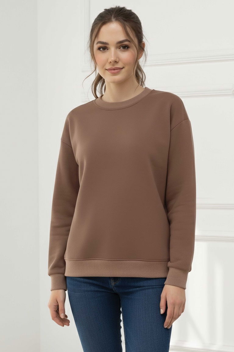 Kadın Bisiklet Yaka Oversize Sweatshirt - 27955-VIZON - TOFİSA