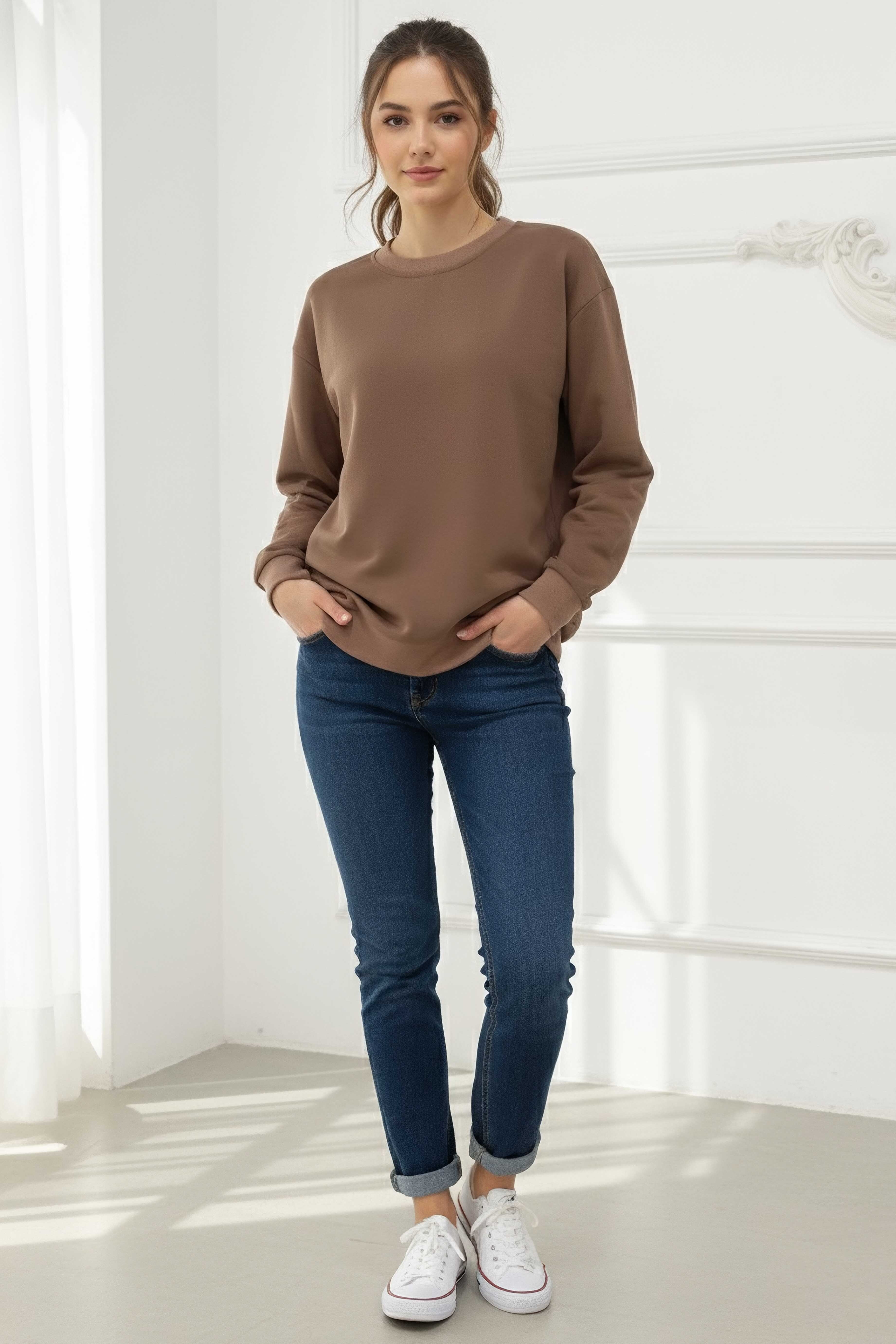 Kadın Bisiklet Yaka Oversize Sweatshirt - 27955-VIZON - 2