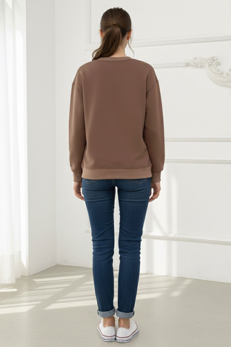 Kadın Bisiklet Yaka Oversize Sweatshirt - 27955-VIZON - TOFİSA