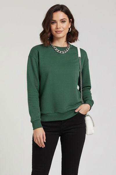 Kadın Bisiklet Yaka Oversize Sweatshirt - 27955-ZUMRUT 