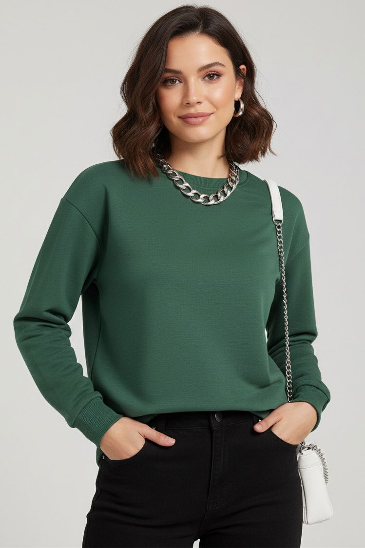 Kadın Bisiklet Yaka Oversize Sweatshirt - 27955-ZUMRUT - TOFİSA