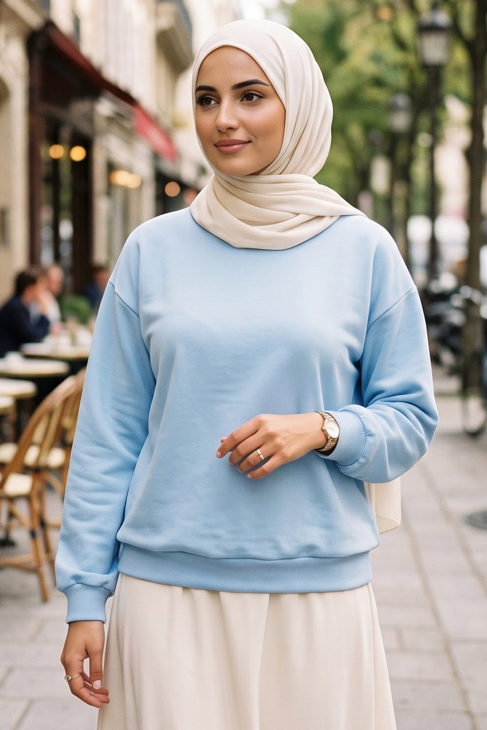 Kadın Bisiklet Yaka Oversize Sweatshirt Bebe Mavi - 27955-BEBE-MAVI - 1