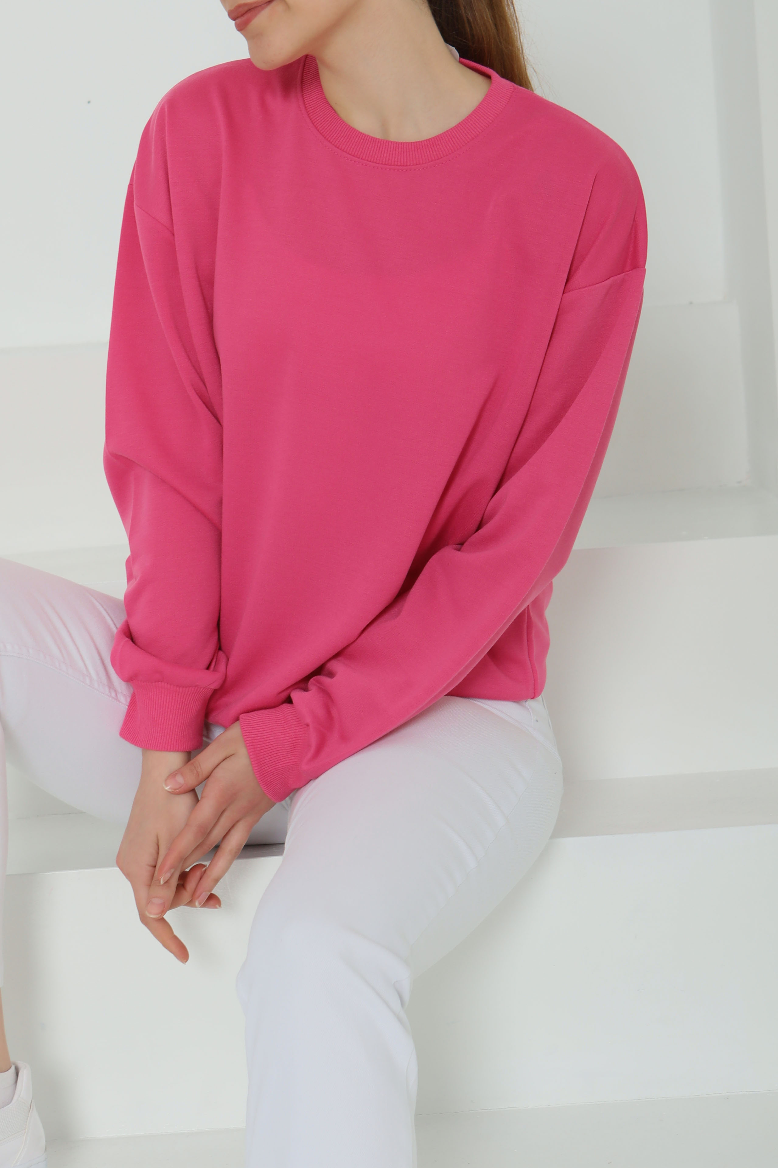 Kadın Bisiklet Yaka Oversize Sweatshirt Fuşya - 26567 - 1