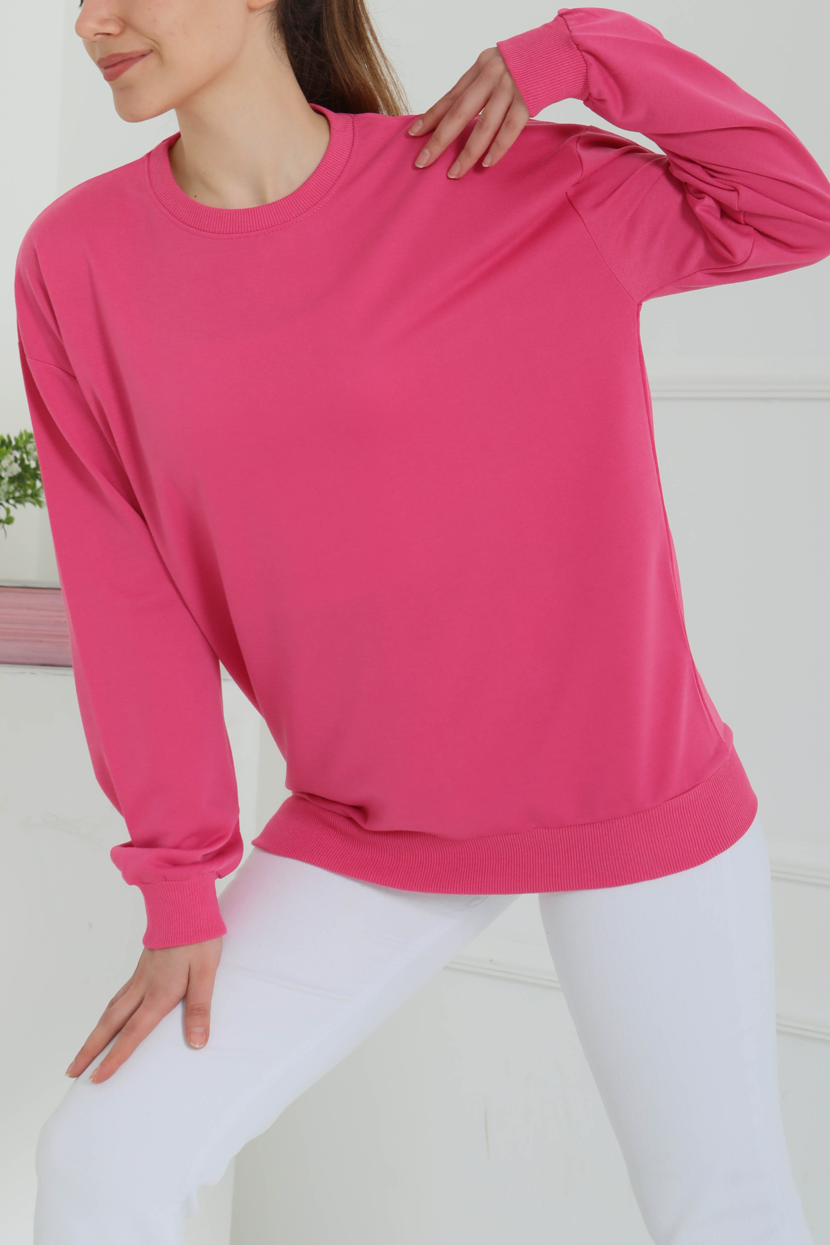Kadın Bisiklet Yaka Oversize Sweatshirt Fuşya - 26567 - 2