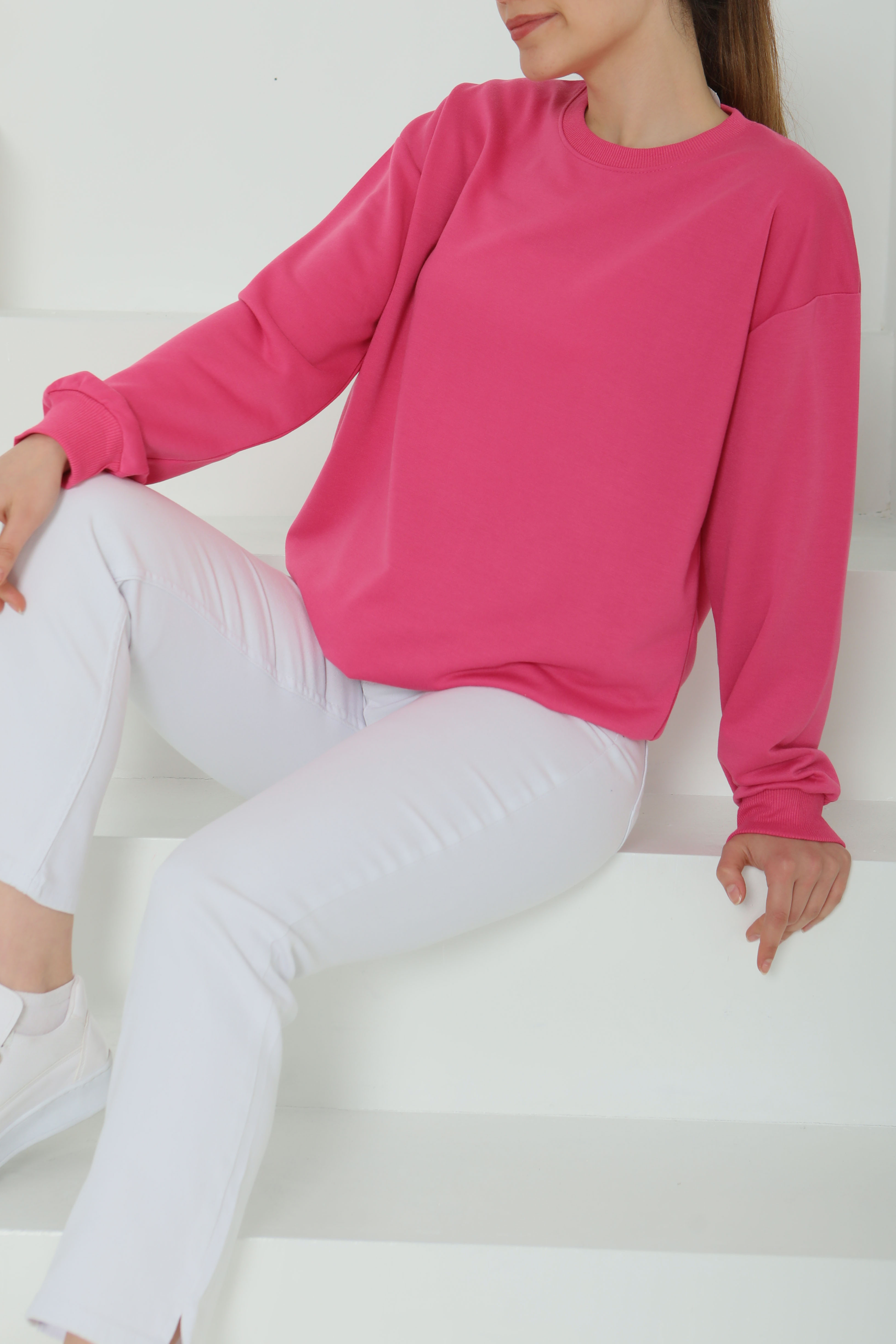 Kadın Bisiklet Yaka Oversize Sweatshirt Fuşya - 26567 - 3