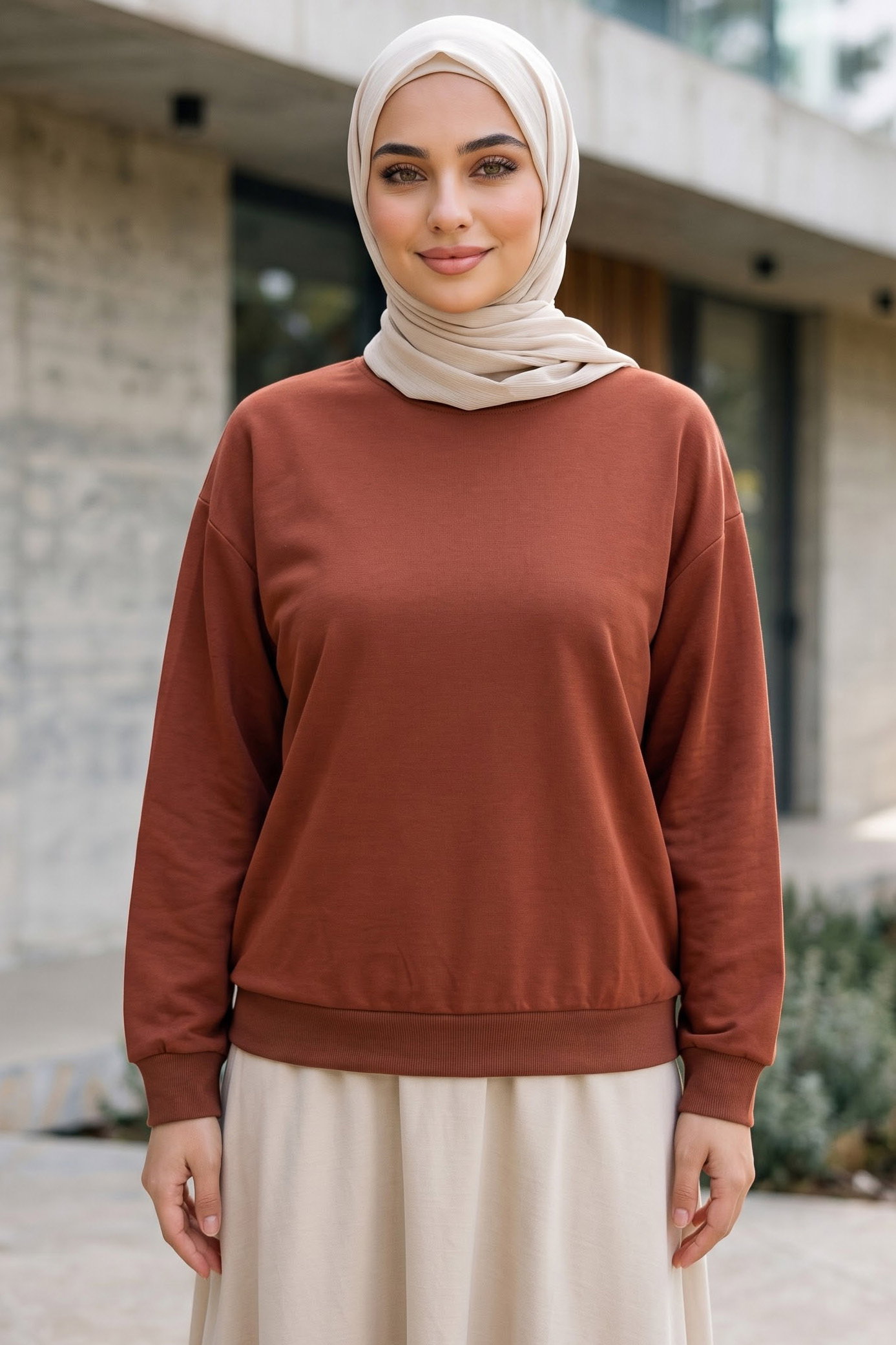 Kadın Bisiklet Yaka Oversize Sweatshirt Kiremit - 27955-KIREMIT - 1
