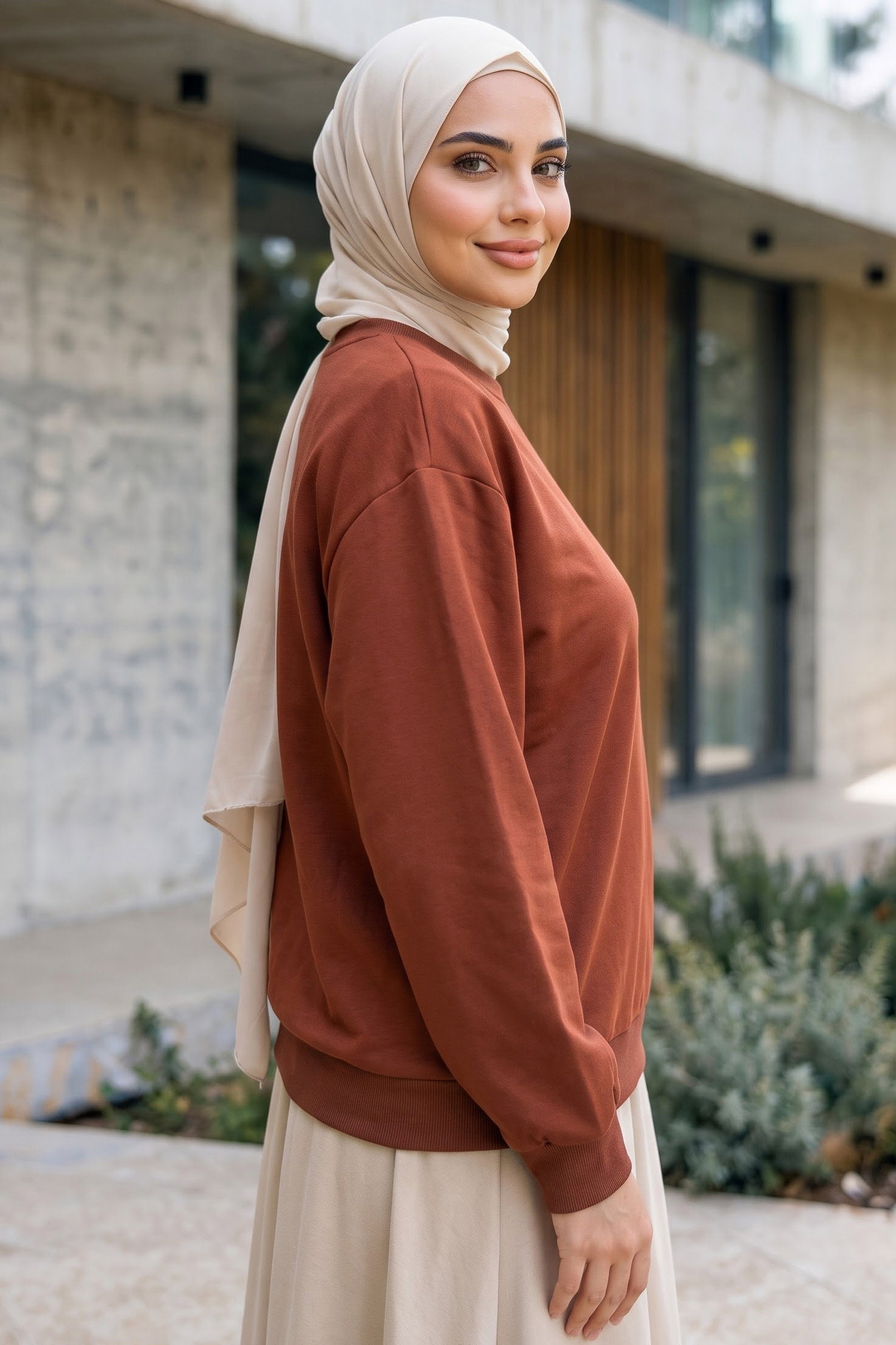 Kadın Bisiklet Yaka Oversize Sweatshirt Kiremit - 27955-KIREMIT - 2