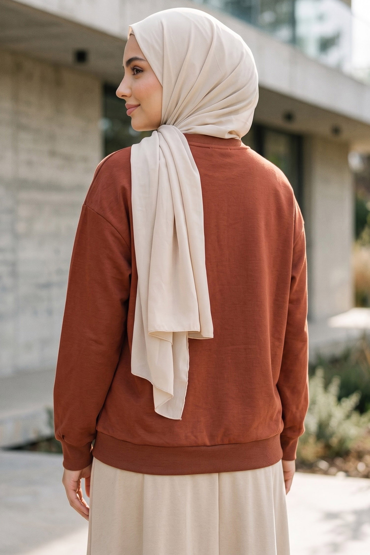 Kadın Bisiklet Yaka Oversize Sweatshirt Kiremit - 27955-KIREMIT - 3