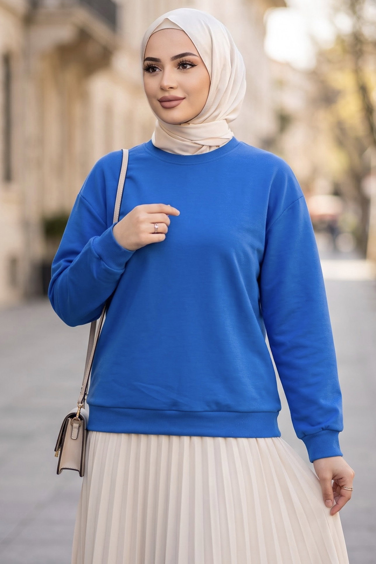Kadın Bisiklet Yaka Oversize Sweatshirt Mavi - 27955-MAVI - 1