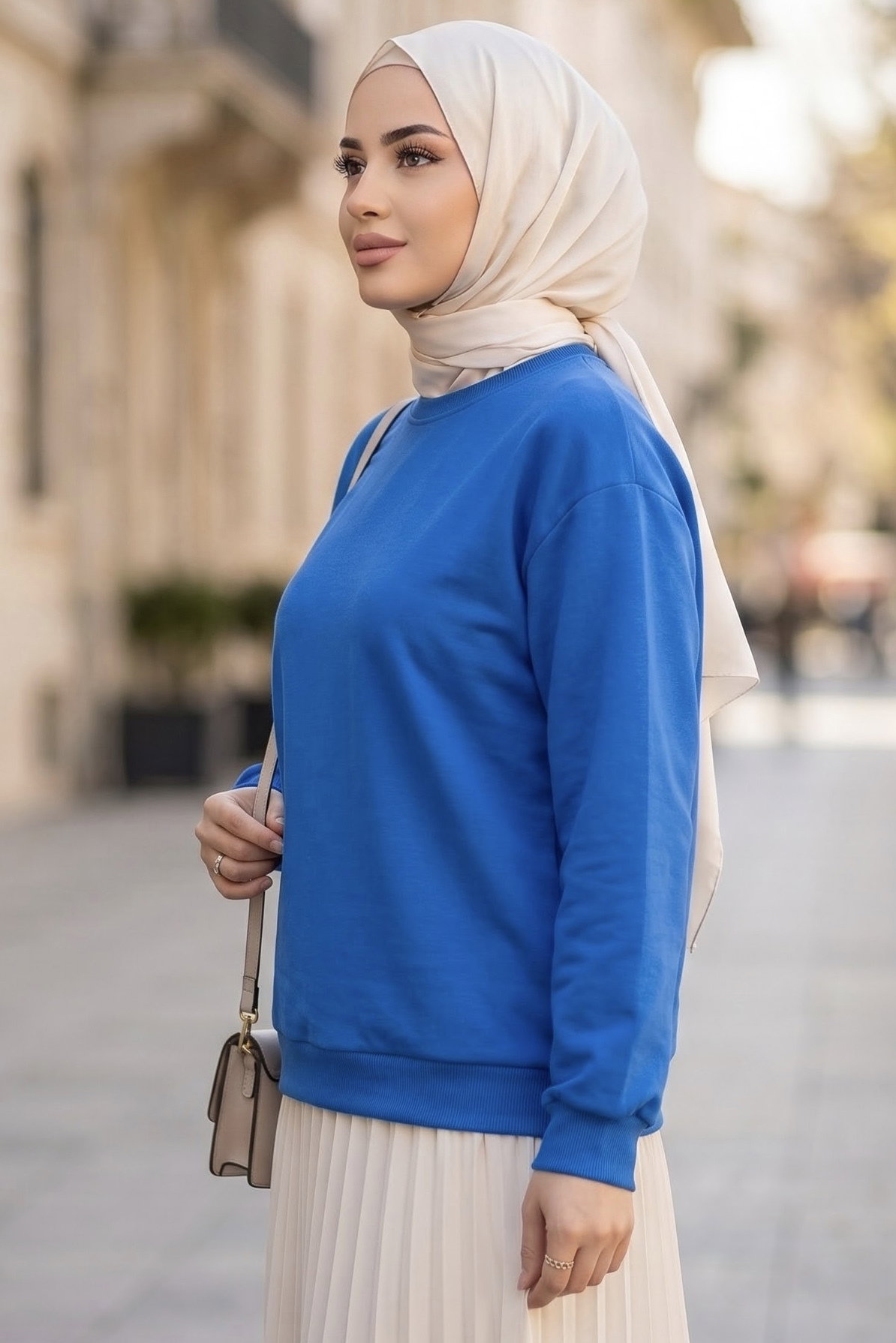 Kadın Bisiklet Yaka Oversize Sweatshirt Mavi - 27955-MAVI - 2