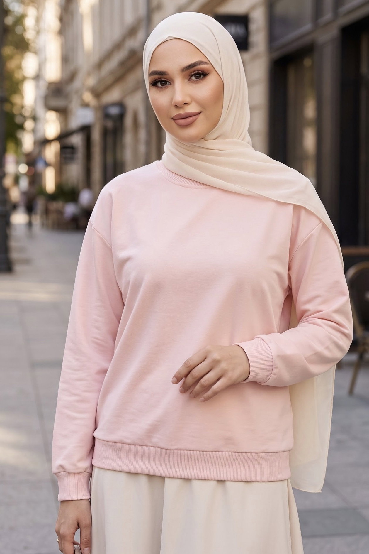 Kadın Bisiklet Yaka Oversize Sweatshirt Pudra - 27955-PUDRA - 1