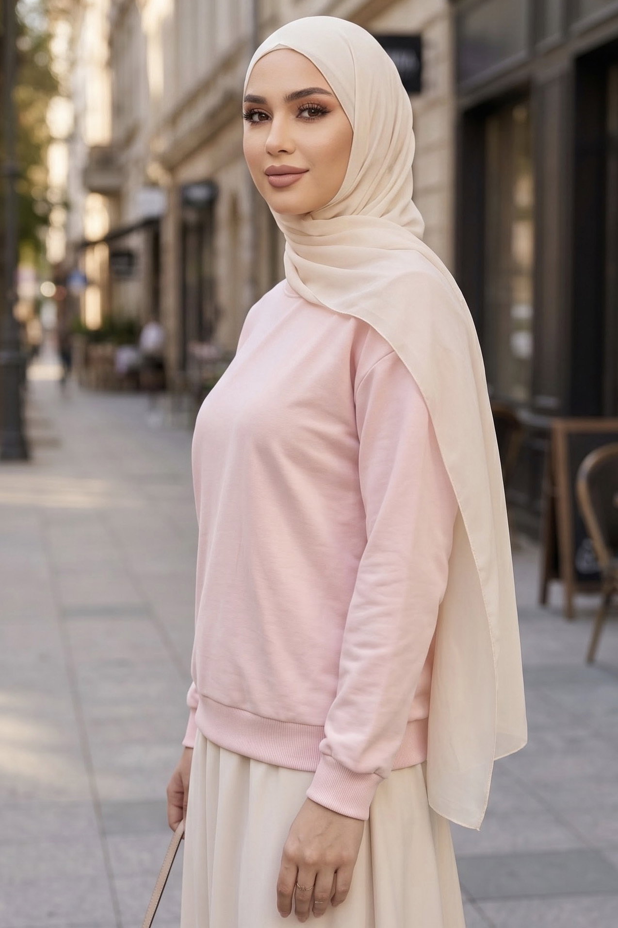 Kadın Bisiklet Yaka Oversize Sweatshirt Pudra - 27955-PUDRA - 2