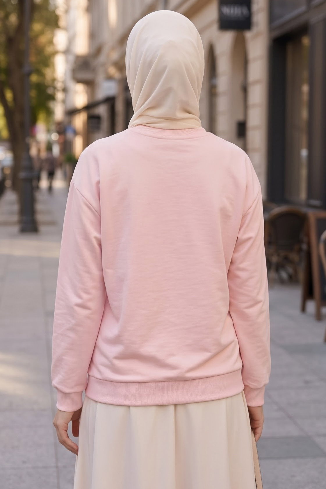 Kadın Bisiklet Yaka Oversize Sweatshirt Pudra - 27955-PUDRA - 3