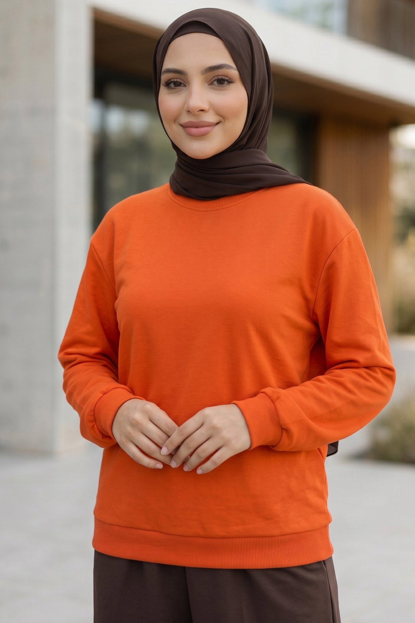 Kadın Bisiklet Yaka Oversize Sweatshirt Turuncu - 27955-TURUNCU - 2