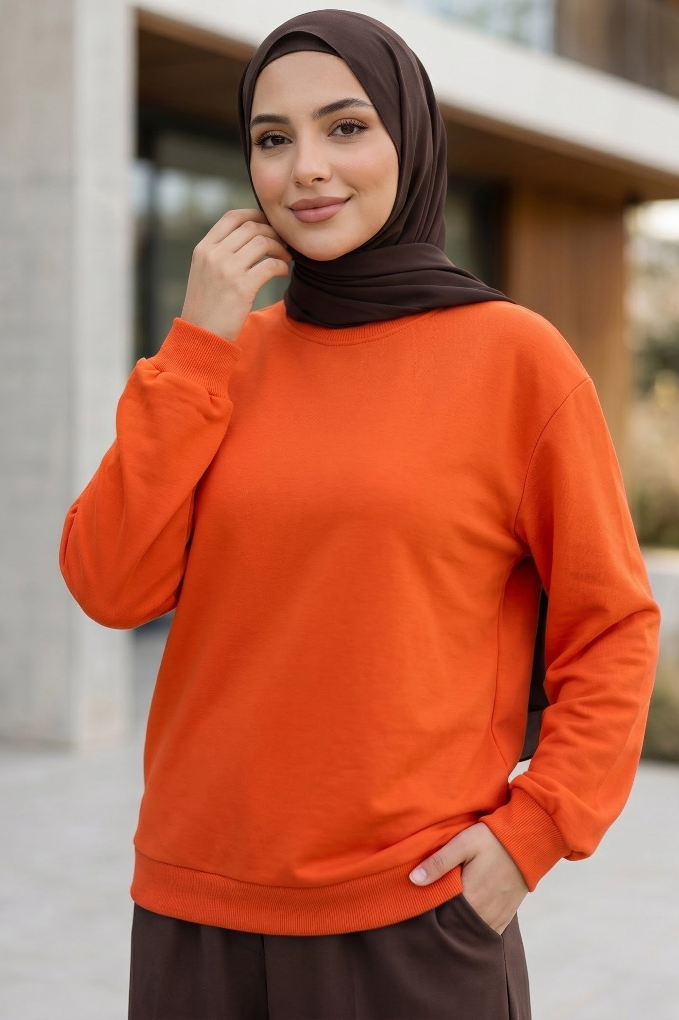 Kadın Bisiklet Yaka Oversize Sweatshirt Turuncu - 27955-TURUNCU - 1
