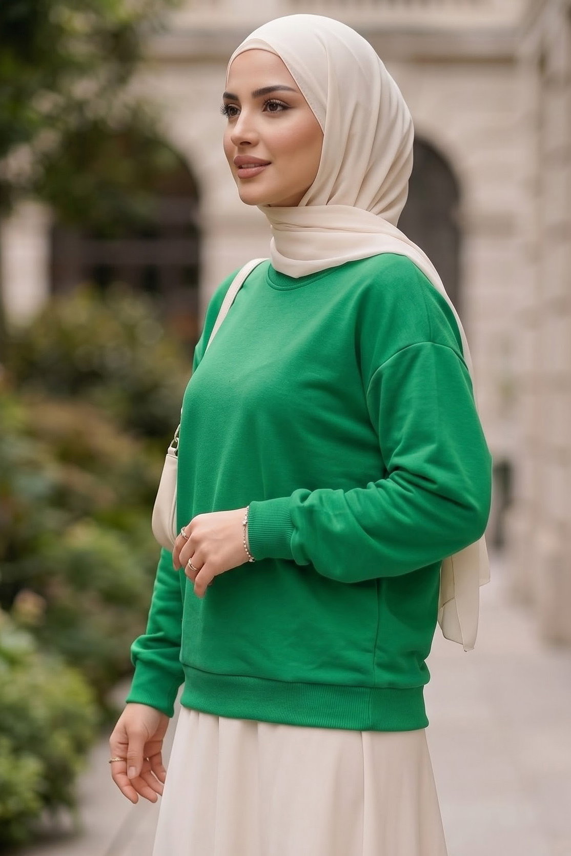 Kadın Bisiklet Yaka Oversize Sweatshirt Yesil - 27955-YESIL - 2