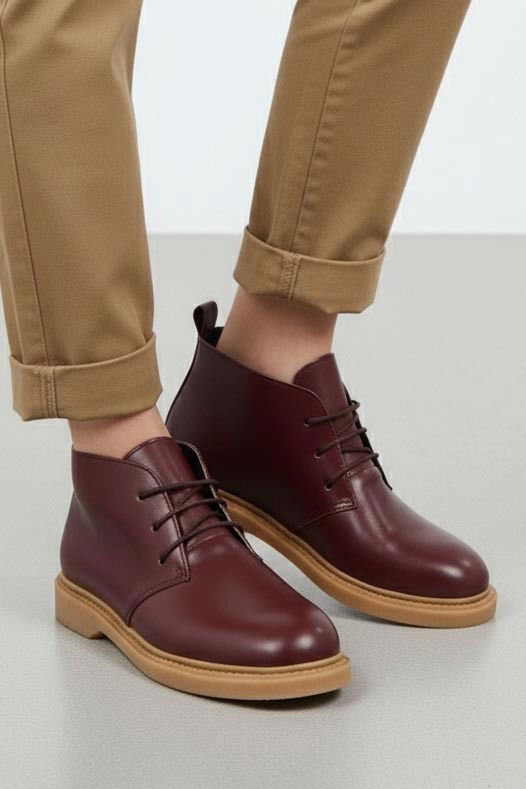 Kadın Bordo Bağcıklı Yarım Cilt Rugan Bot - 27907-BORDO - 1