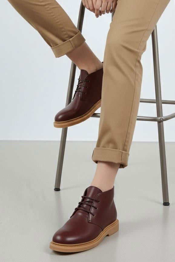 Kadın Bordo Bağcıklı Yarım Cilt Rugan Bot - 27907-BORDO - TOFİSA