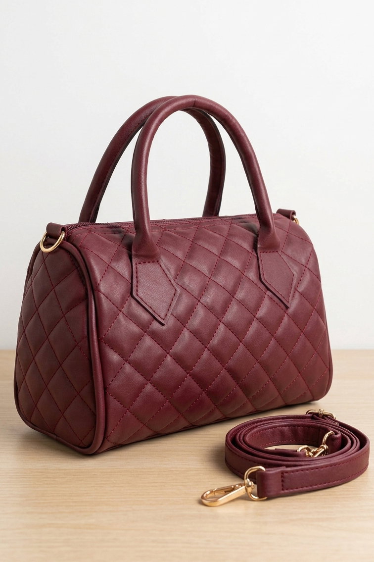 Kadın Bordo Baklava Desen Suni Deri Çanta - 28396-BORDO - 1