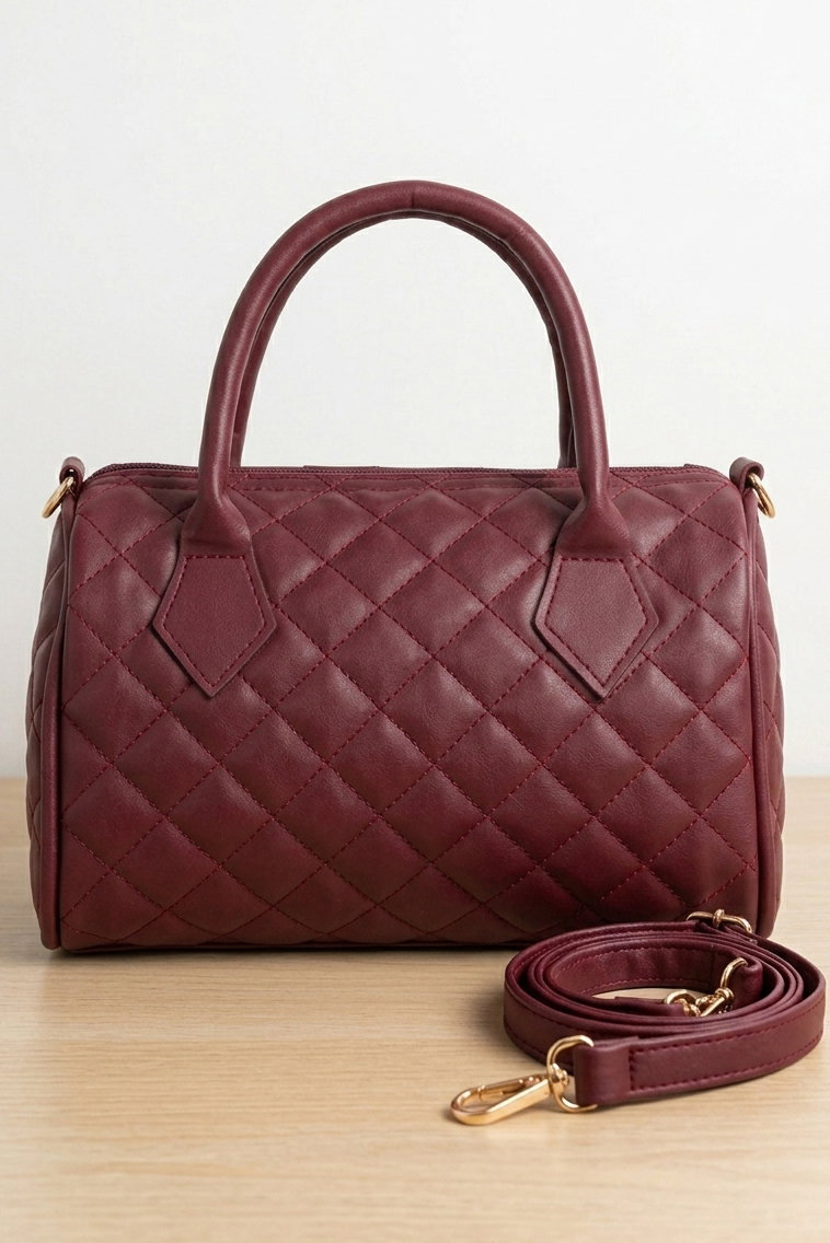 Kadın Bordo Baklava Desen Suni Deri Çanta - 28396-BORDO - 2