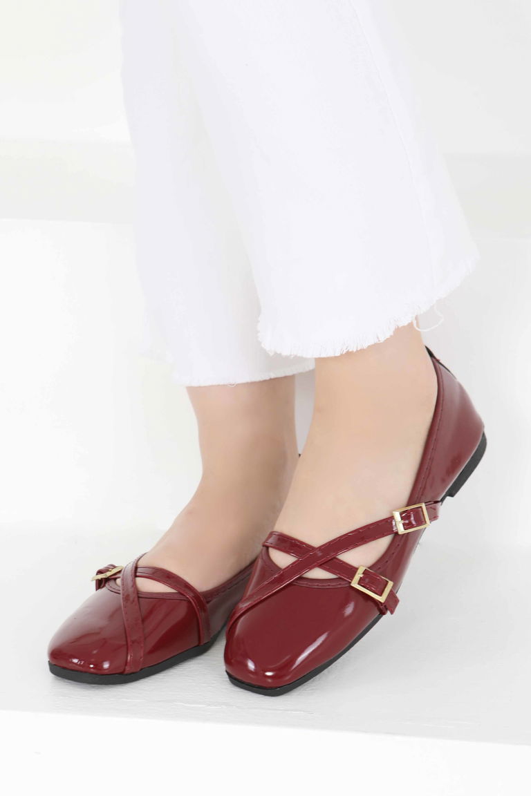 Kadın Bordo Çapraz Rugan Babet - 27398 - TOFİSA