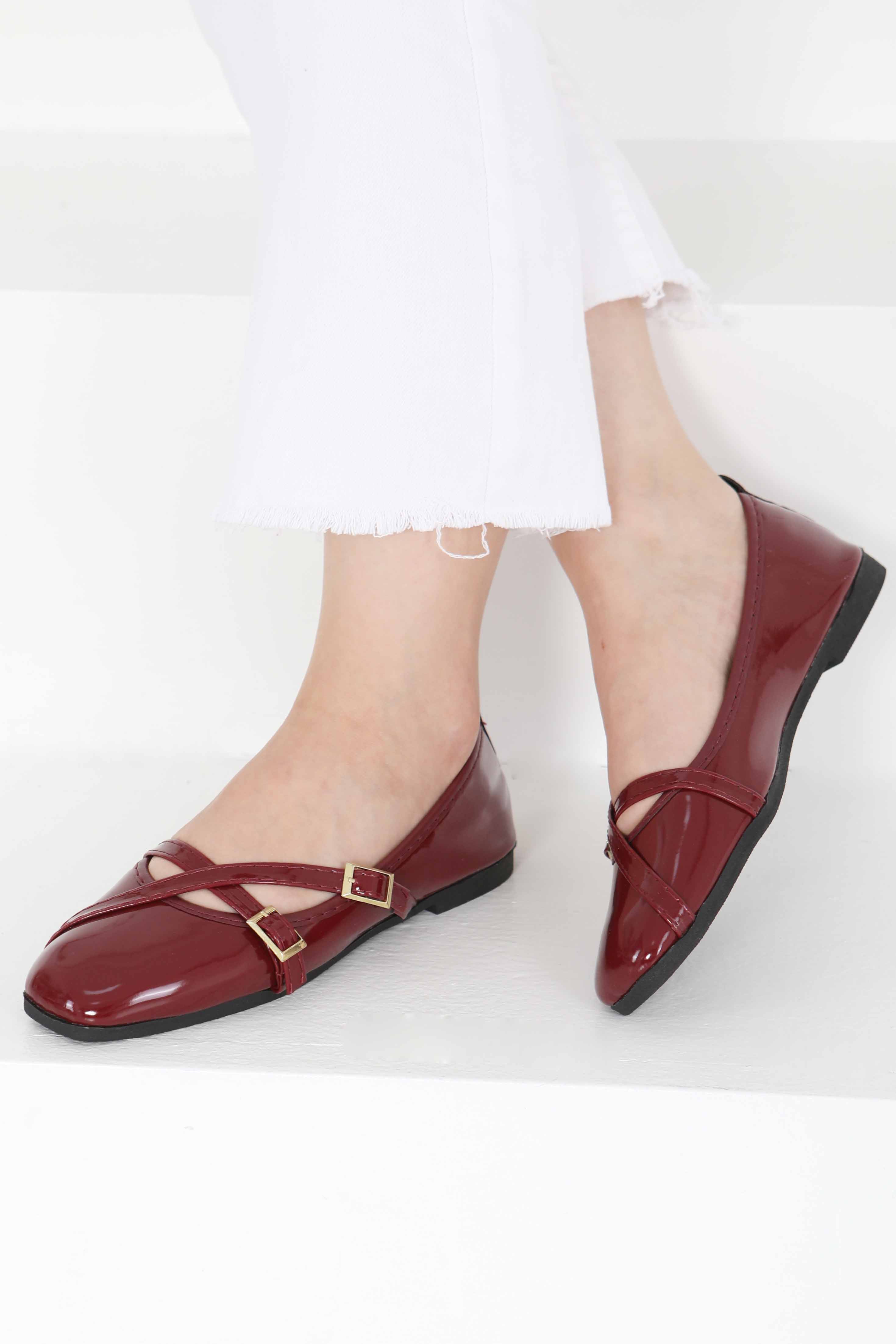 Kadın Bordo Çapraz Rugan Babet - 27398 - 3