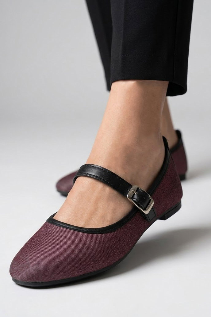 Kadın Bordo Kemerli Kot Kumaş Detaylı Babet - 28554-BORDO - 2