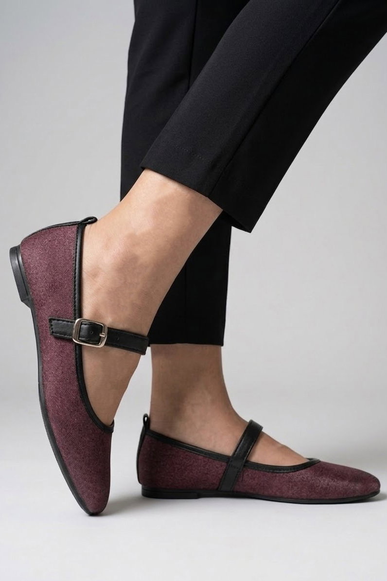 Kadın Bordo Kemerli Kot Kumaş Detaylı Babet - 28554-BORDO - 3