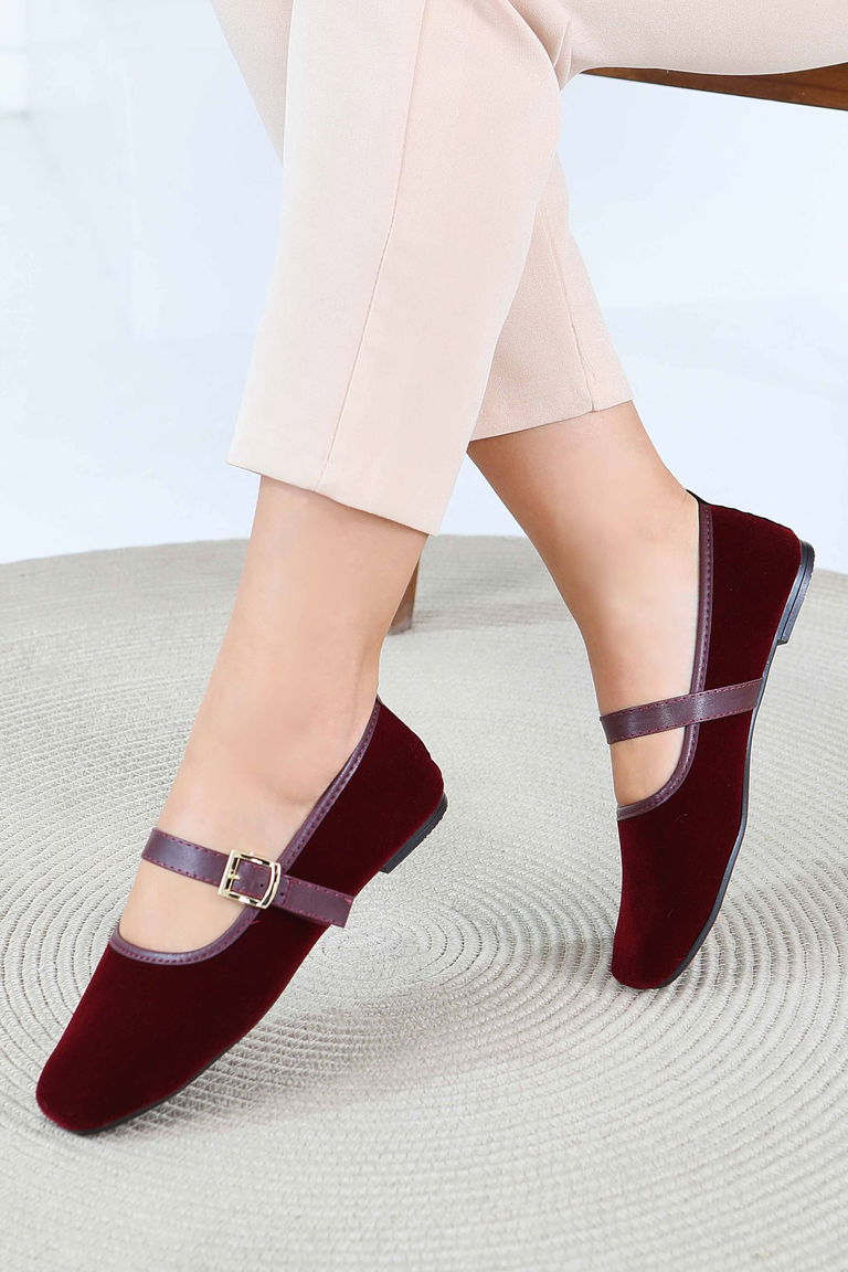 Kadın Bordo Kemerli Süet Babet - 27791-BORDO - TOFİSA