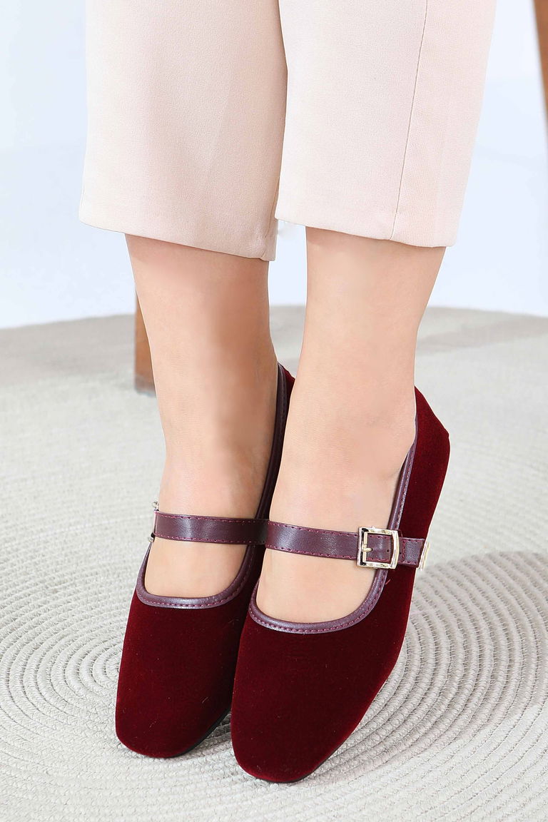 Kadın Bordo Kemerli Süet Babet - 27791-BORDO - TOFİSA