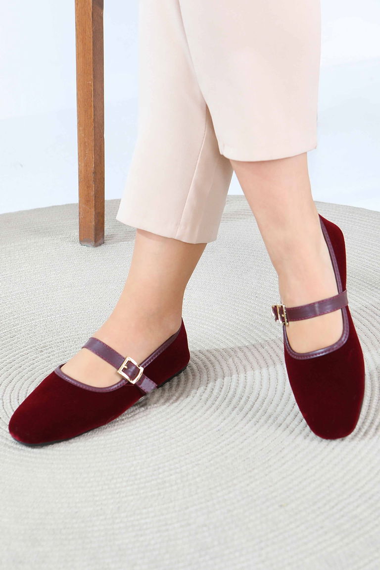 Kadın Bordo Kemerli Süet Babet - 27791-BORDO - TOFİSA