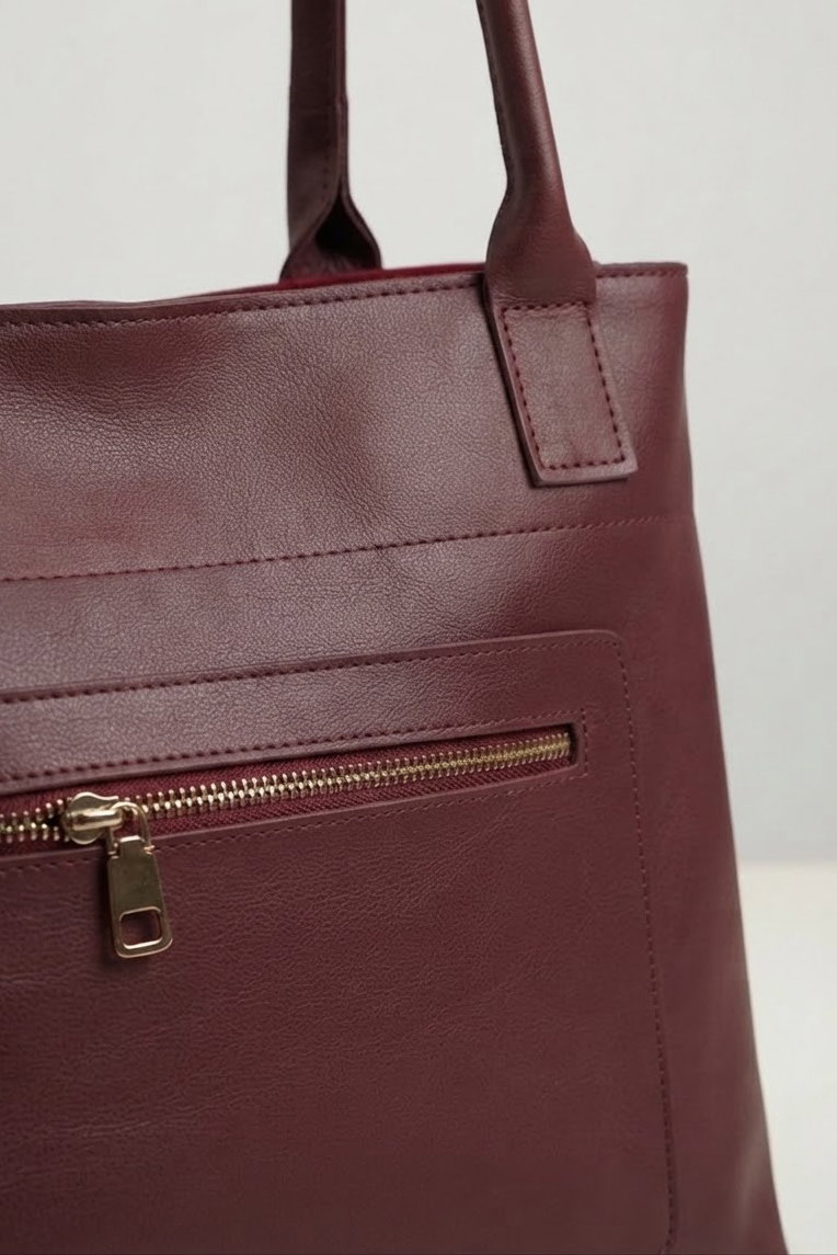 Kadın Bordo Ön Cep Fermuar Detaylı Büyük Çanta - 28890-BORDO - 2
