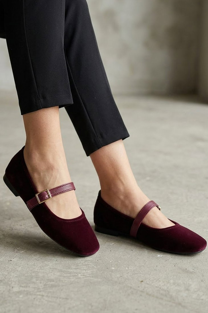 Kadın Bordo Süet Kemerli Babet - 29139-BORDO - 1