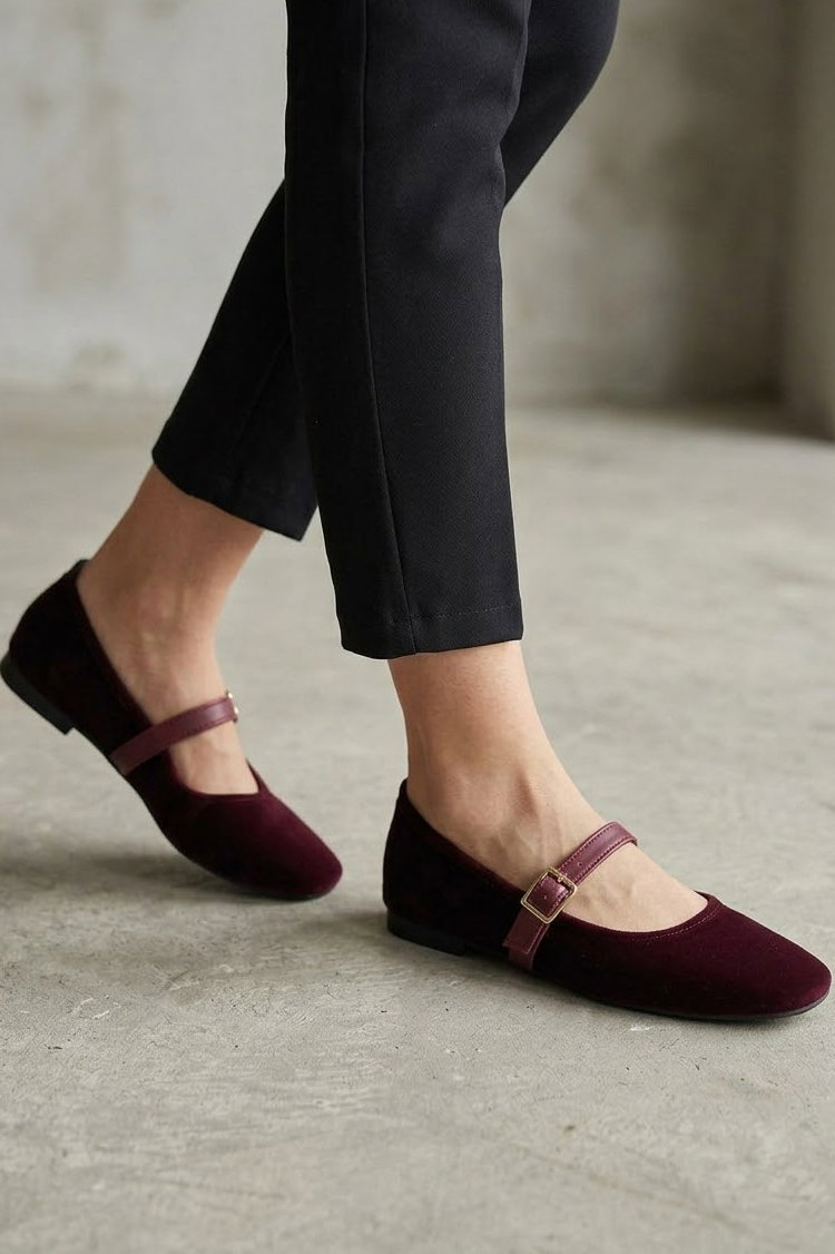 Kadın Bordo Süet Kemerli Babet - 29139-BORDO - 2
