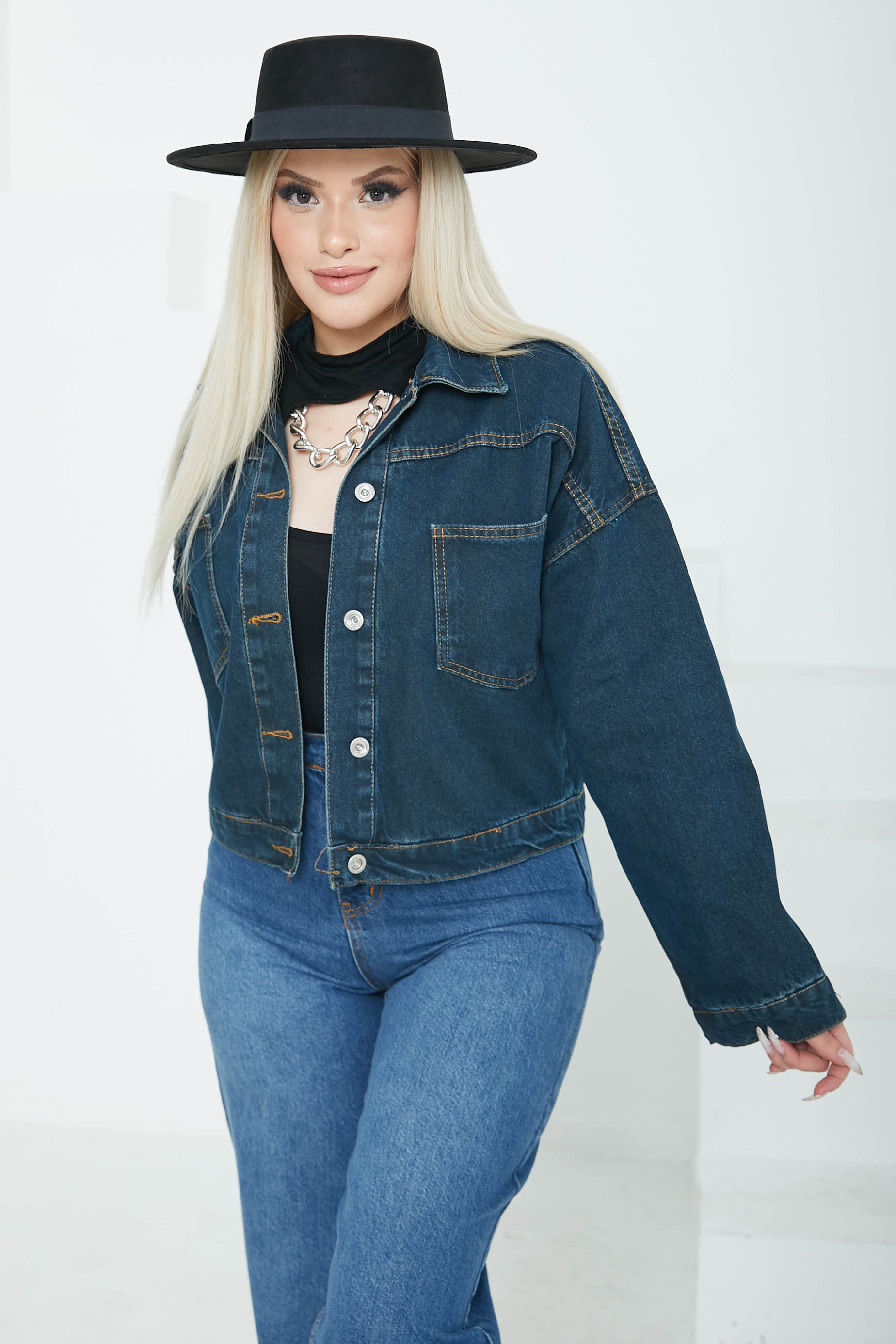 Kadın Çift Cepli Crop Kot Ceket Koyu Mavi - 26573 - 1