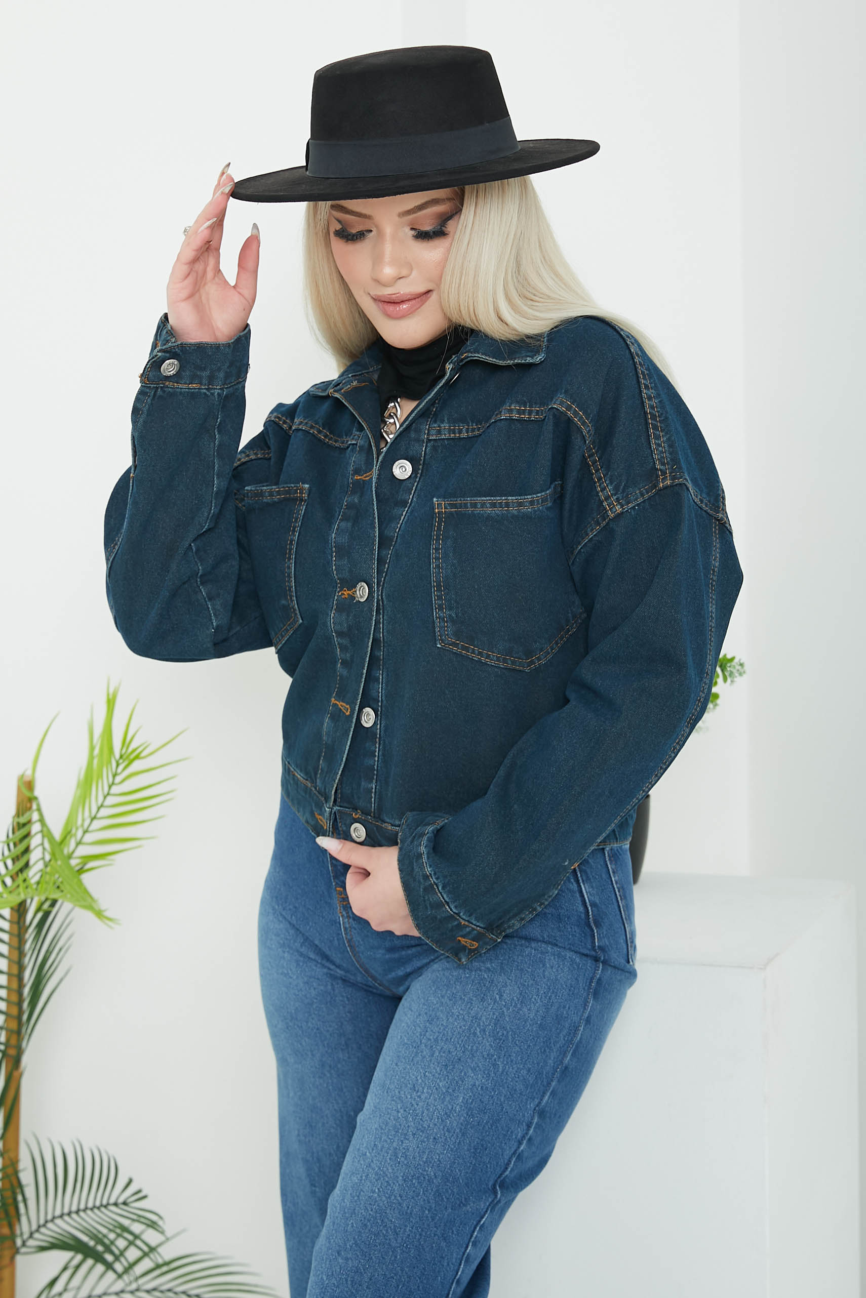 Kadın Çift Cepli Crop Kot Ceket Koyu Mavi - 26573 - 2