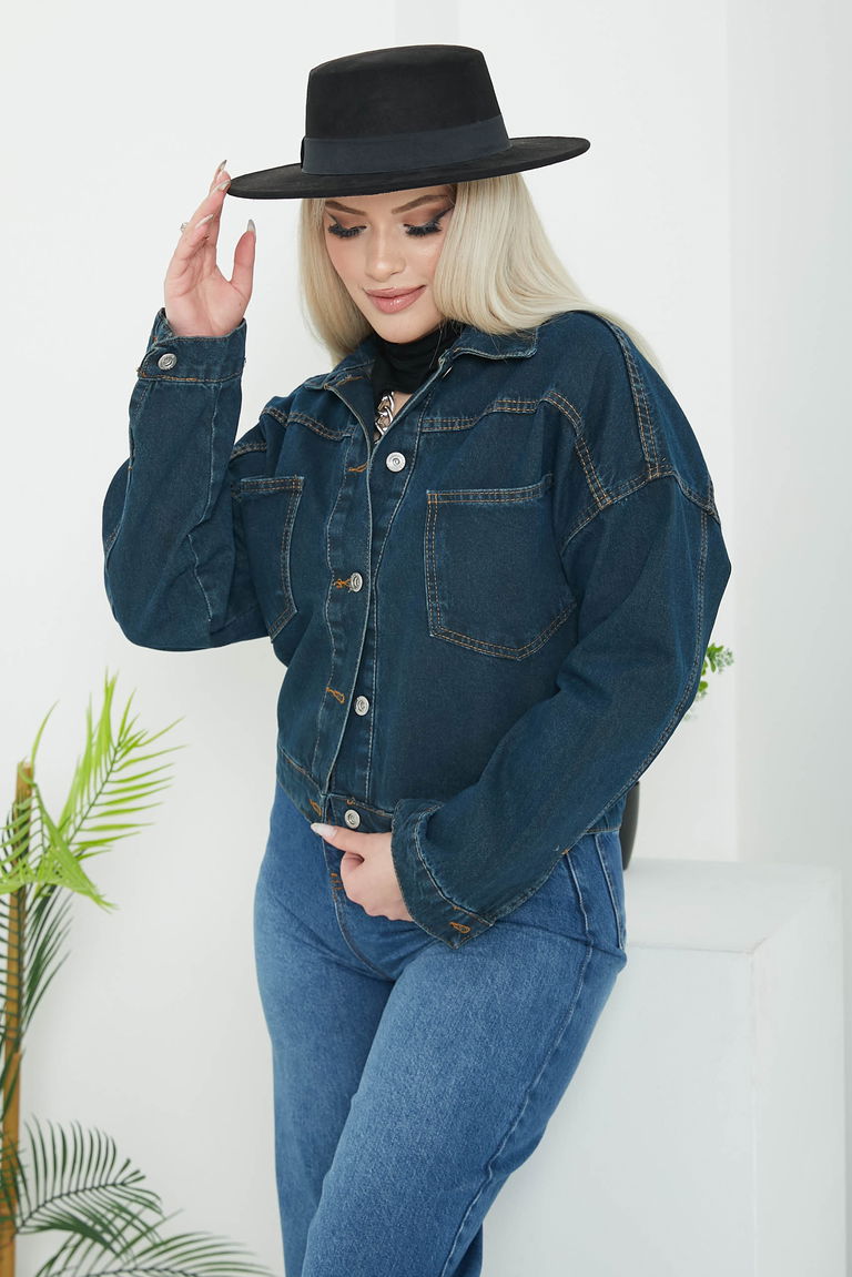 Kadın Çift Cepli Crop Kot Ceket Koyu Mavi - 26573 - TOFİSA