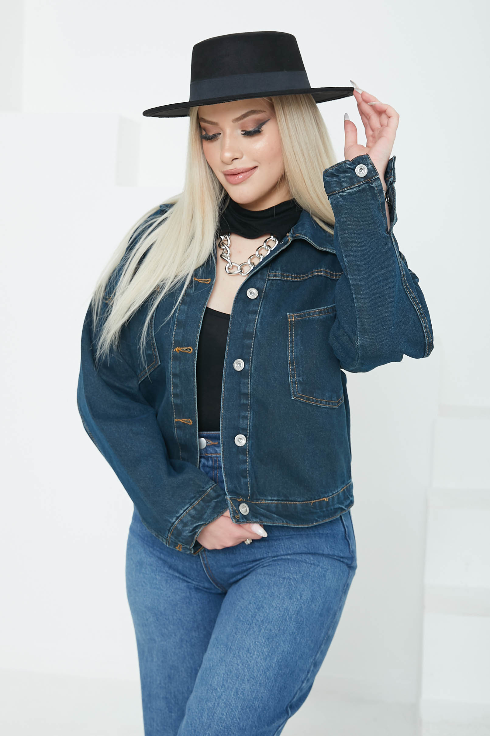 Kadın Çift Cepli Crop Kot Ceket Koyu Mavi - 26573 - 3