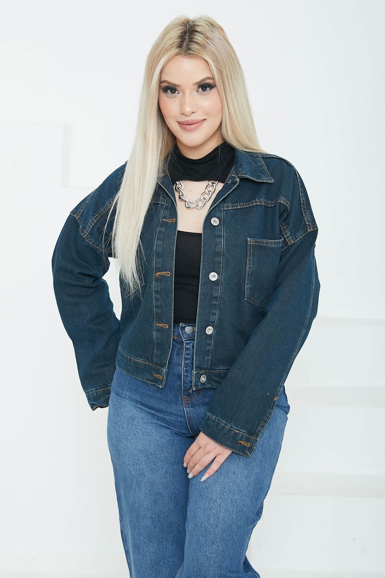 Kadın Çift Cepli Crop Kot Ceket Koyu Mavi - 26573 - TOFİSA