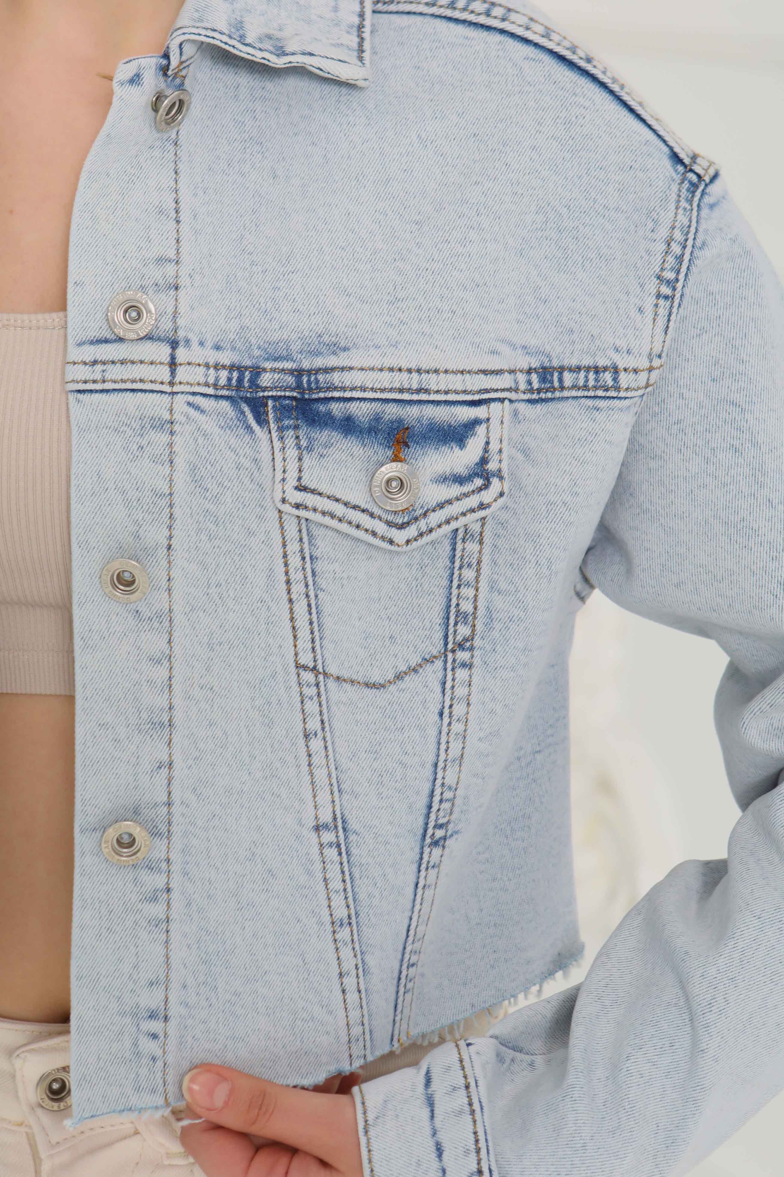 Kadın Çift Cepli Lazer Kesim Crop Kot Ceket - 26582 - 5
