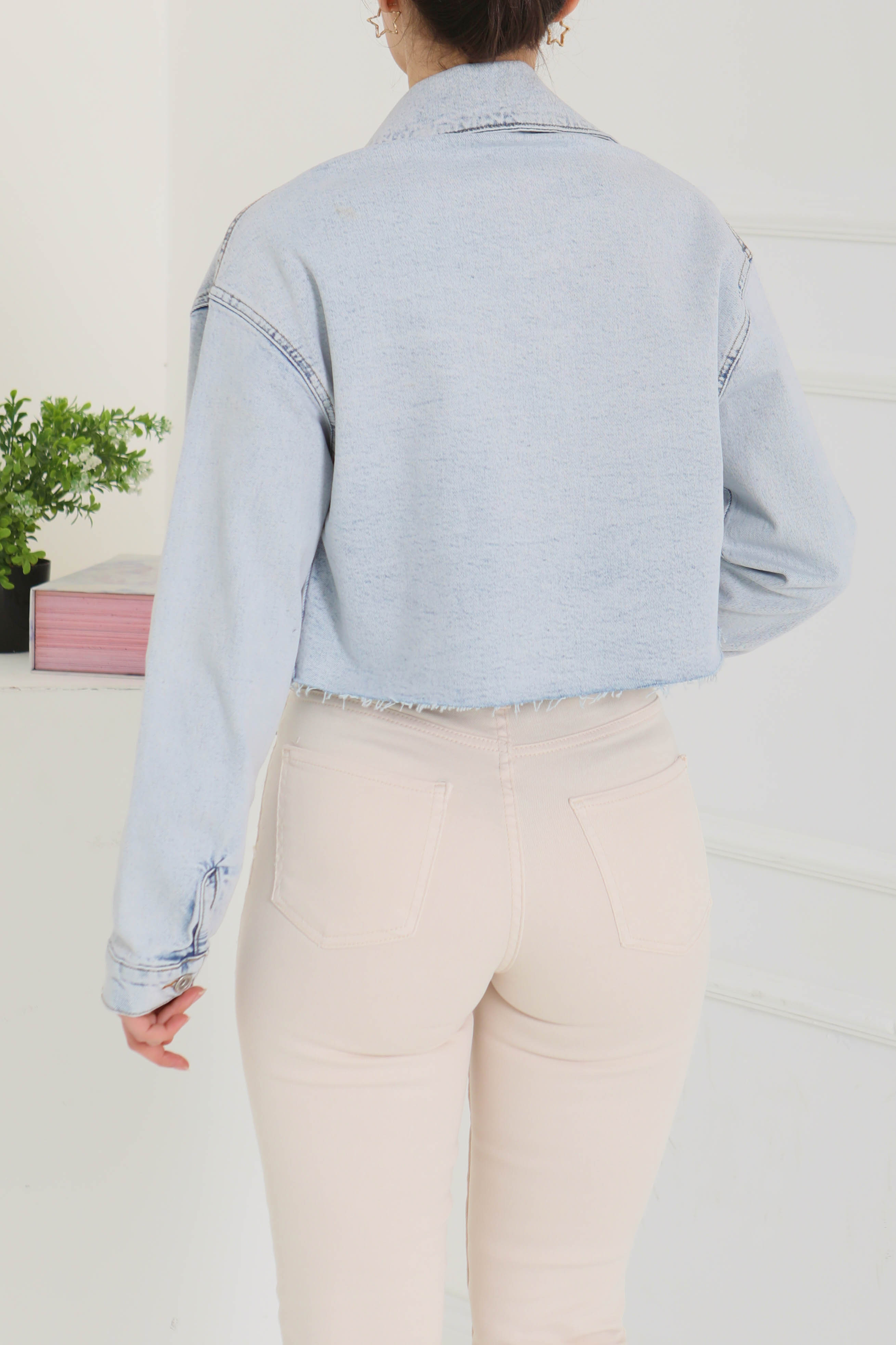 Kadın Çift Cepli Lazer Kesim Crop Kot Ceket - 26582 - 6