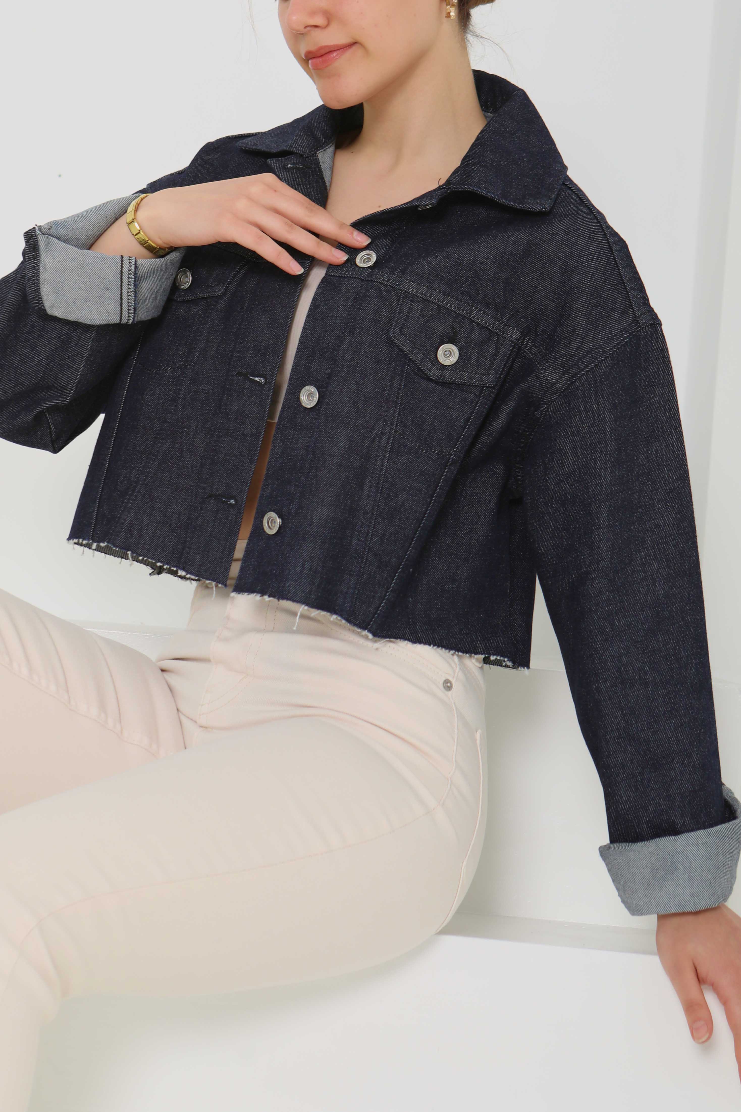 Kadın Çift Cepli Lazer Kesim Crop Kot Ceket - 26582 - 1